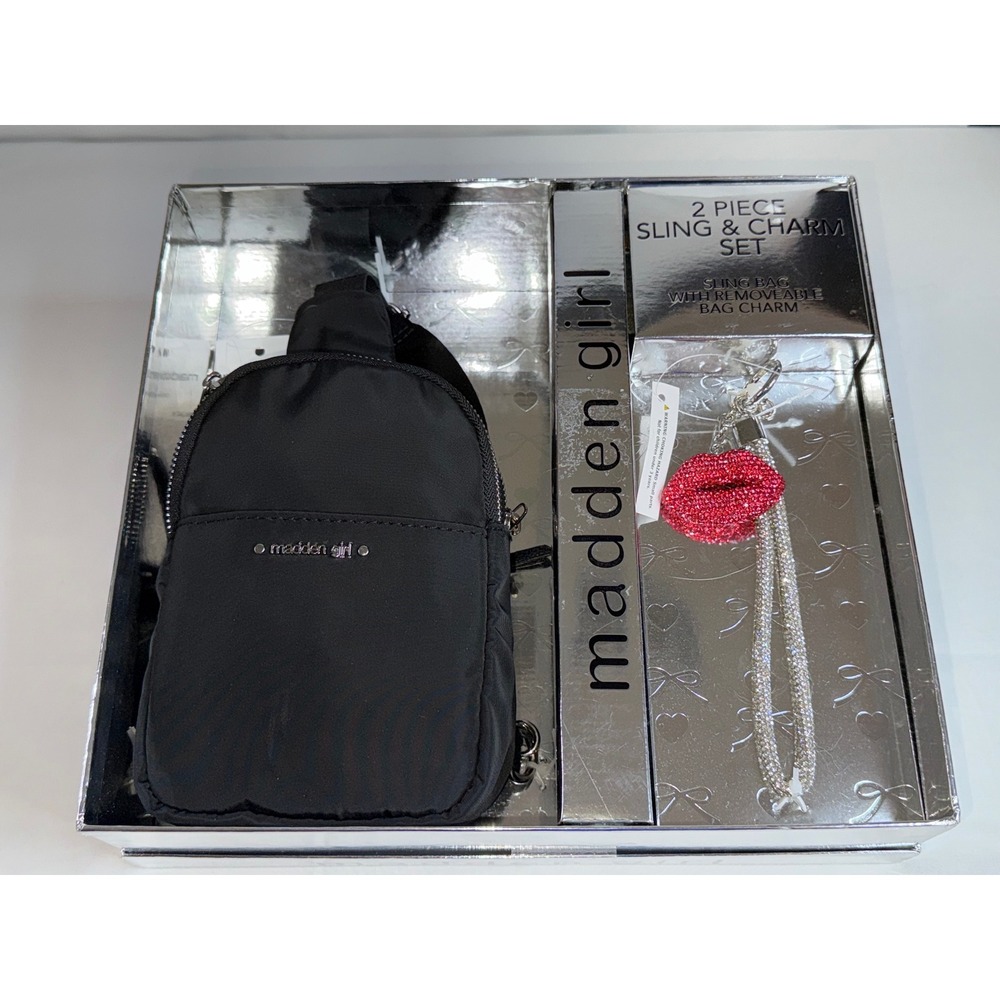 Madden Girl Black Nylon Sling Bag and Rhinestone Lip Charm 2 Piece Gift Set NEW